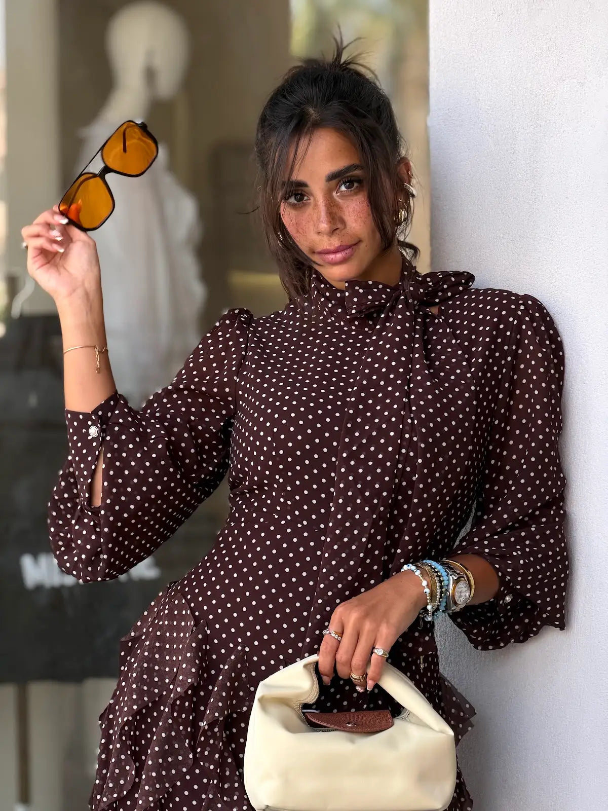 Polka dot tiered chiffon dress -Brown