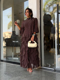 Polka dot tiered chiffon dress -Brown