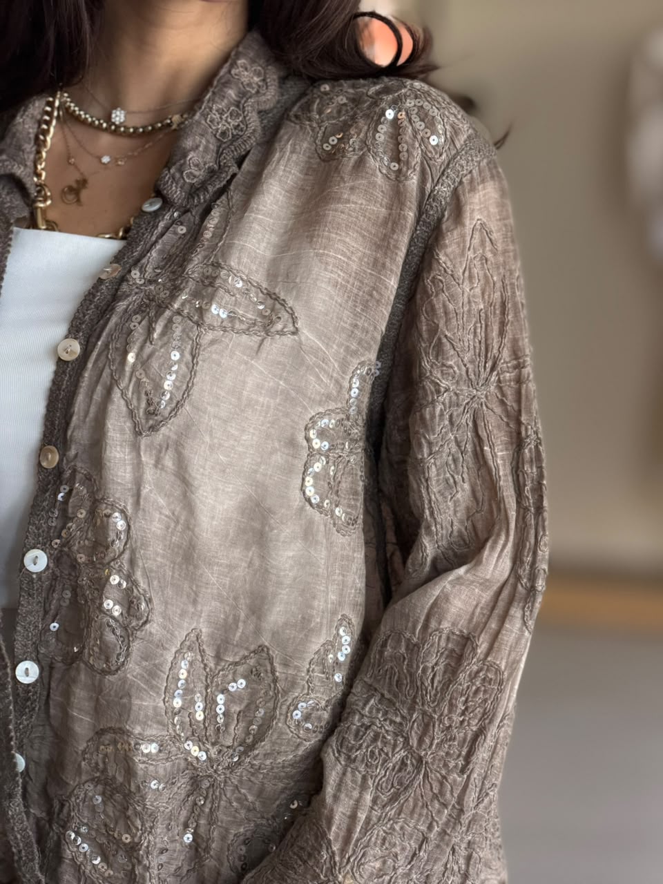 Sheer Flora Shirt - Light Brown