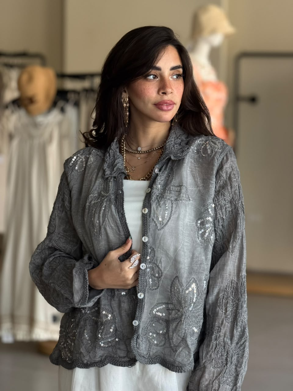 Sheer Flora Shirt -Grey