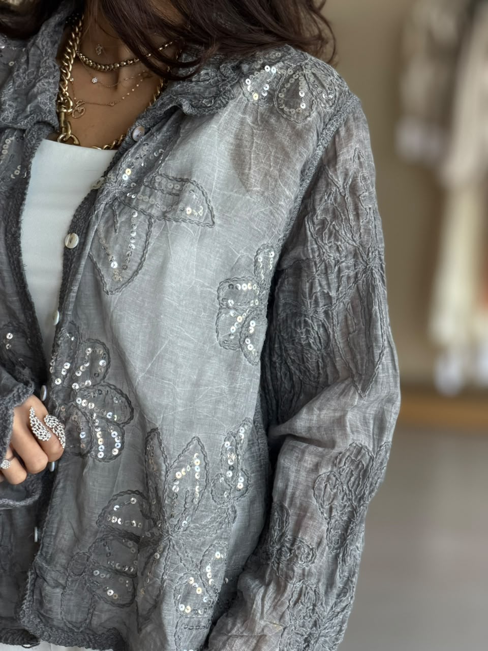 Sheer Flora Shirt -Grey