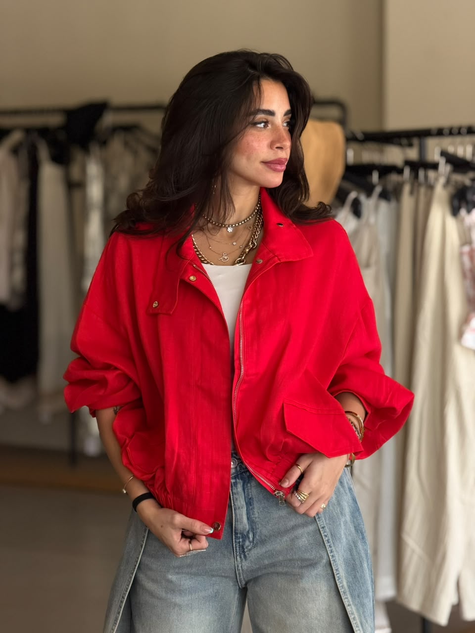 linen bomber - Red