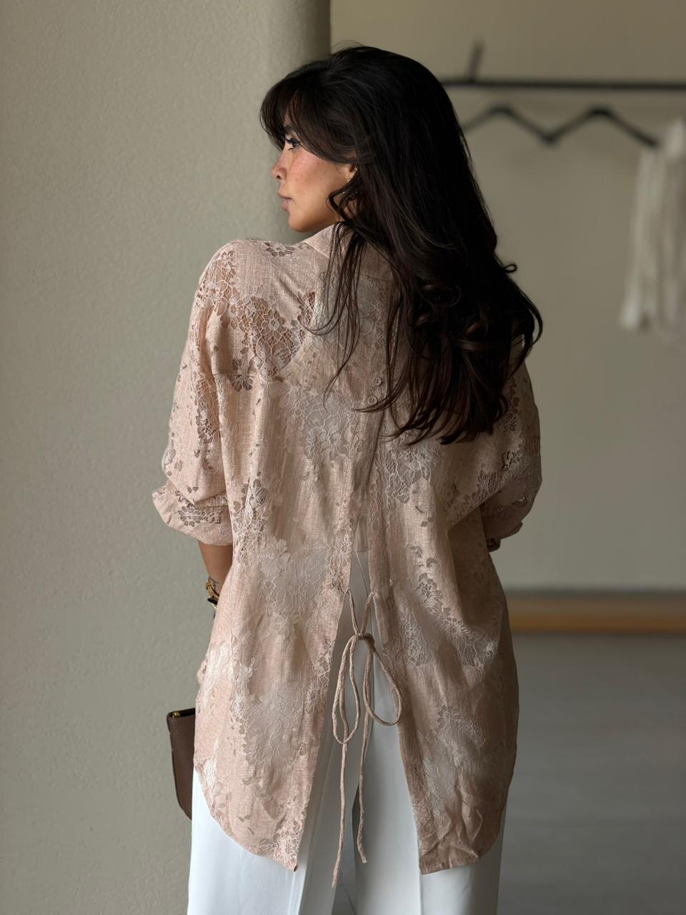 Open Back Lace Shirt - Baby pink